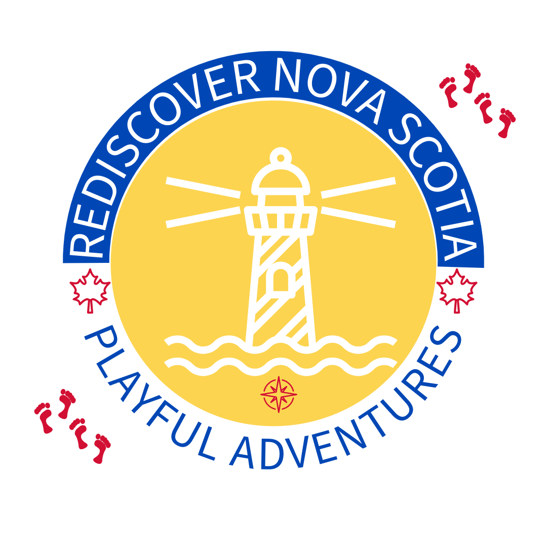 Rediscover Nova Scotia Playful Adventures, logo with lighthouse, compass, maple leaves and footprints